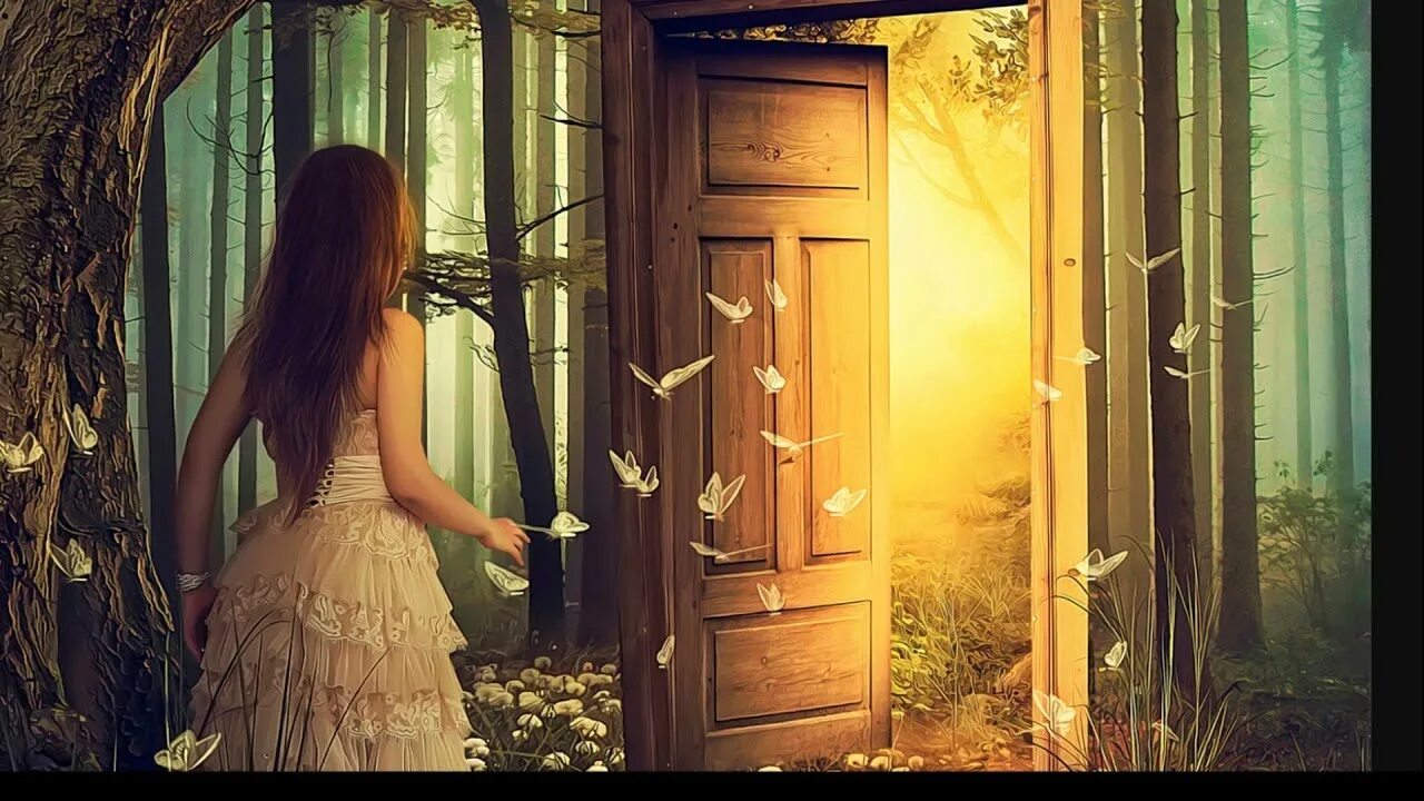 Отворяю дверь передо мной большая. Дверь в сказку. Закрытая дверь. Девушка у двери. Волшебная дверь.