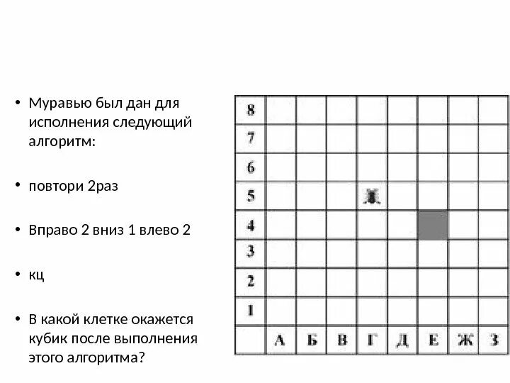 Повтори следующую предыдущую. Алгоритм вправо 3 раз вниз. Муравей вправо 3 повтори 2 раз вправо 1 вверх 1 влево 1. Алгоритм кубика 2*2 вниз вправо вверх в лево. 8 Раз влево (45) вперед(2) вправо(2) КЦ влево.