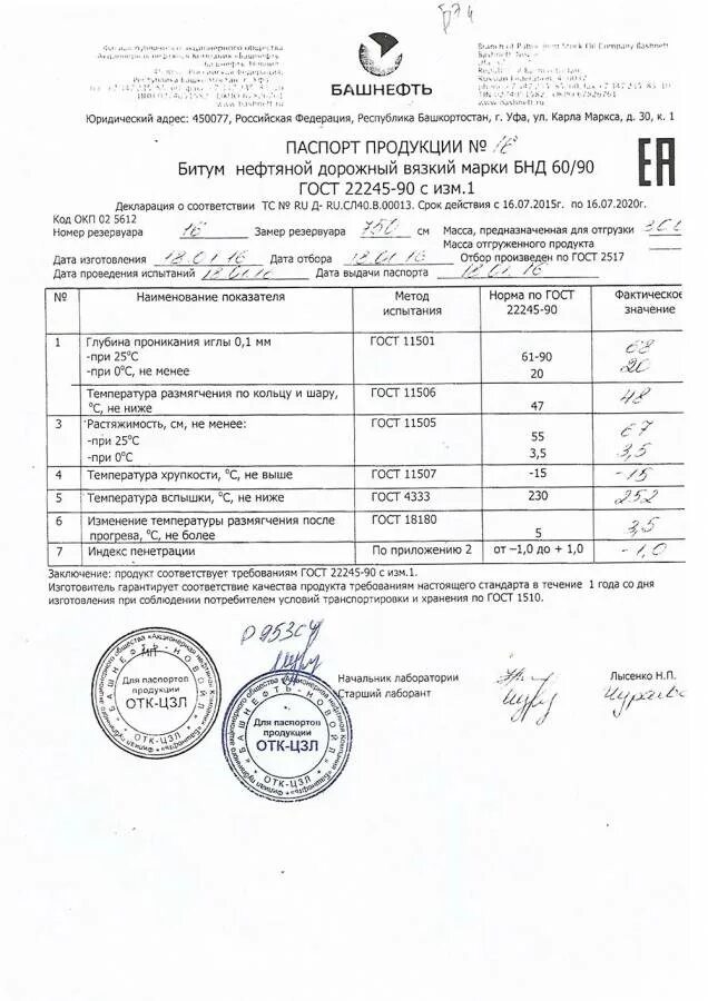 Битум нефтяной дорожный БНД 60/90 сертификат соответствия.