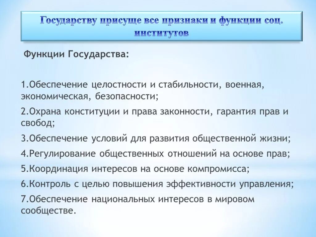 Любым государствам свойственны признаки. Функции института государства. Функции государства как социального института. Социальные функции государства презентация. Социальная роль государства.