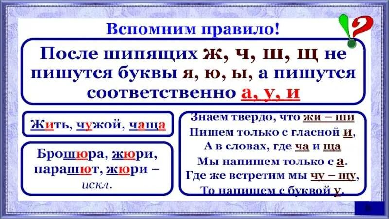 Слова с щ и ю. Правило шипящих. И У А после шипящих правило. Гласная после шипящих правило. Правописание букв после шипящих.