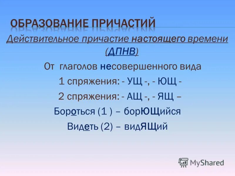 Правило действительного причастия настоящего времени. Образование причастий настоящего времени. Действительные причастия 1 спряжения. Действительное Причастие 2 спряжения. Причастие образовано от глагола 1 спряжения.