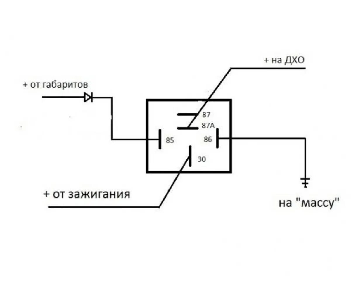 Подключить ходовые огни через реле 4 контактное схема подключения. Схема подключения ДХО через 5 контактное реле от генератора. ДХО от генератора ВАЗ 2110. Подключить ДХО через реле 5 контактное.