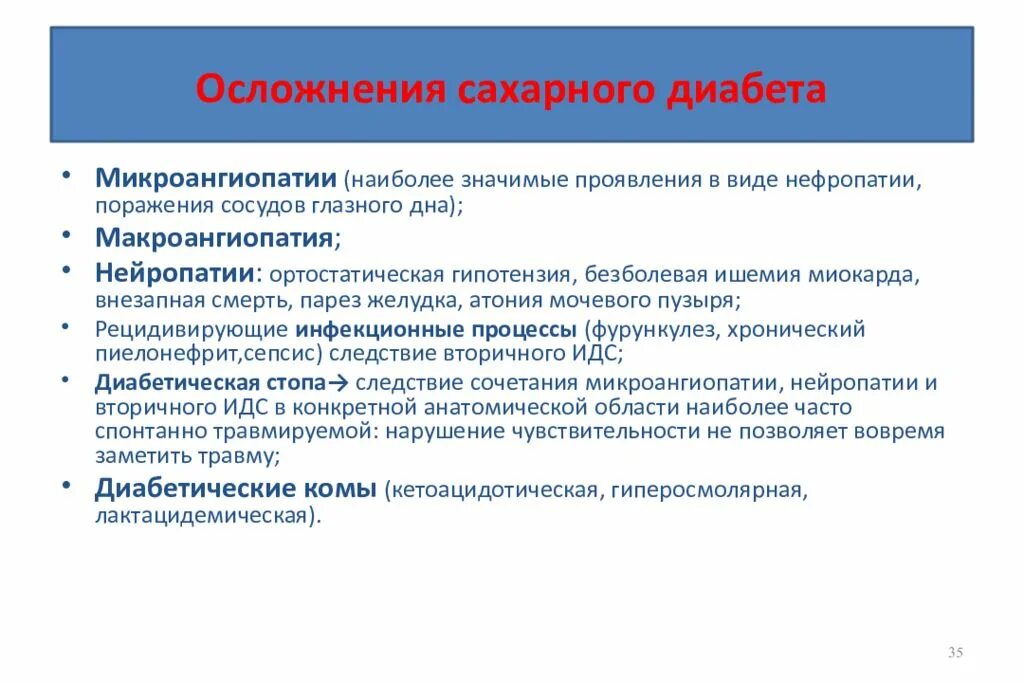 Диабет с множественными осложнениями. Осложнения СД 1 типа. Отдаленные последствия сахарного диабета. Перечислите хронические осложнения сахарного диабета. Механизм формирования клинических симптомов сахарного диабета.