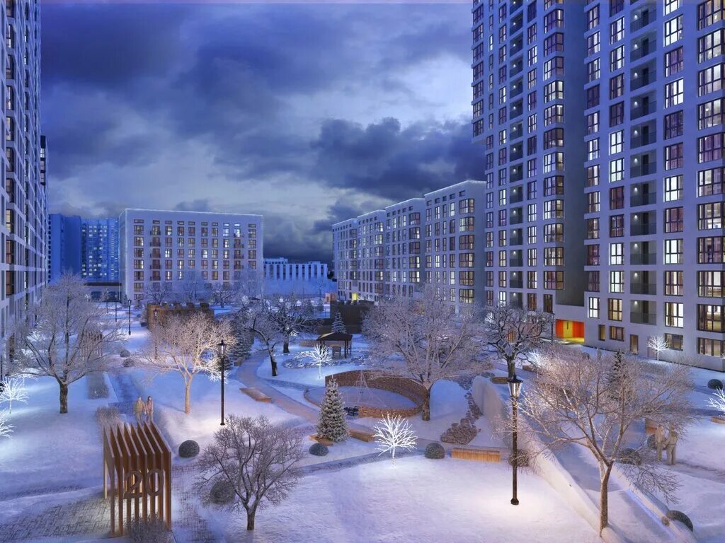 многоквартирный дом зима. жилой комплекс полис на комендантском. новостройки москвы зимой. новый год в жилом комплексе. зимнее благоустройство территории.