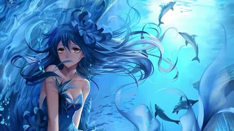 Umi Sonoda Girl Long Hair Blue Hair Brown Eyes Dress Blue Dress Dolphin Wat...