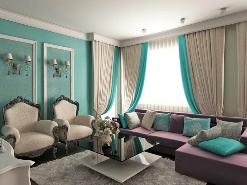 Neutral Living Room With Turquoise Furniture and Wallpaper Living room turquoise