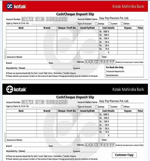 Deposit Slip. Bank Cash. Kotak Mahindra Bank. Bank slip