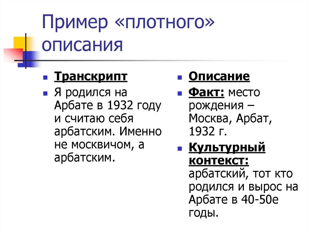 Плотный пример. Плотное описание анализа данных. Метод насыщенного описания Гирца. Насыщенное описание. К.Гирц метод плотных описаний.