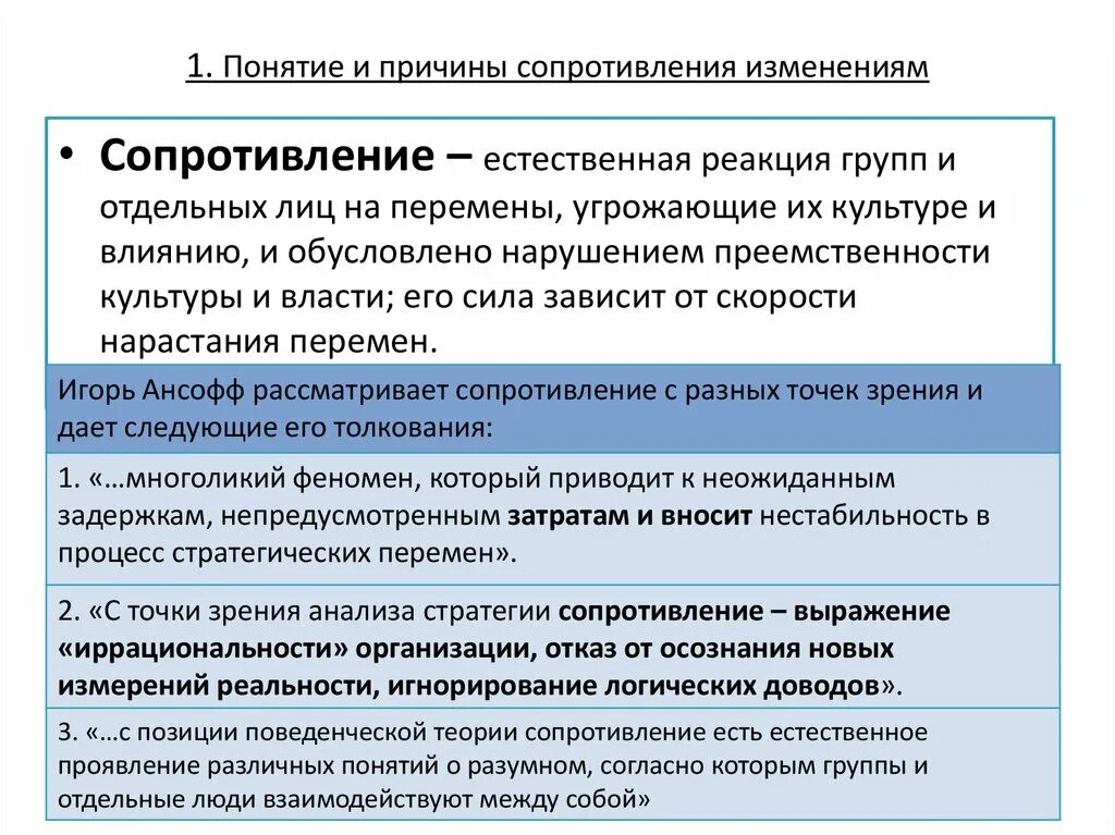 Сопротивление изменениям в организации. Причины сопротивления изменениям. Три группы причин сопротивления изменениям. Факторы преодоления сопротивления изменениям. Стратегические изменения в организации причины сопротивления.