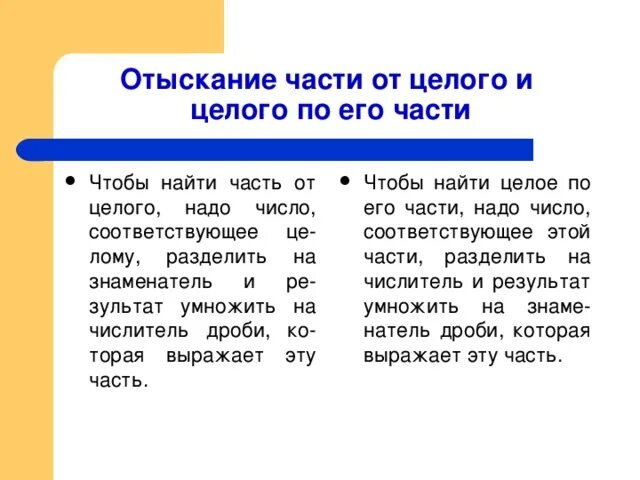 Правило нахождения части целого. Отыскание части от целого и целого по его части. Правило нахождения целого по его части. Часть от целого и целое по его части. Чтобы найти целое по его части надо.