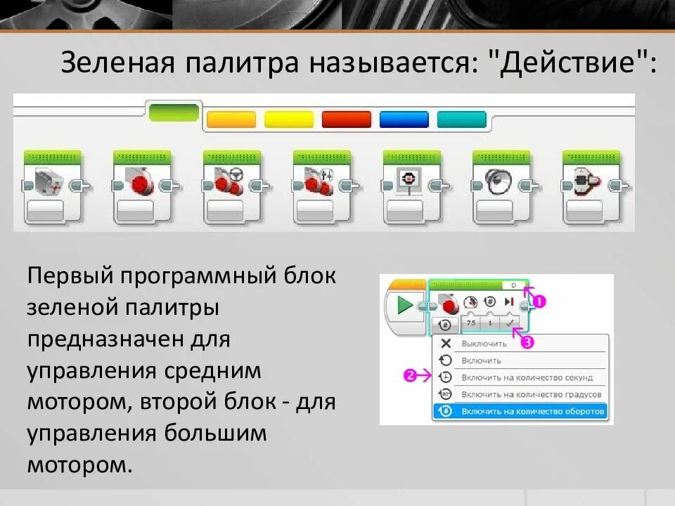 Чем управляют блоки зеленой палитры действие. Программный блок при программировании робота. Блоки действий (зеленый). Блоки Палитры «управление операторами».