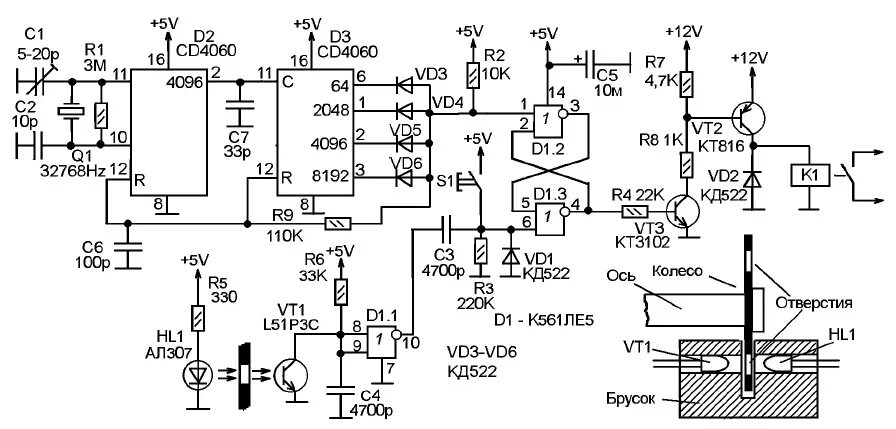 Микросхема cd4060 описание и схема включения Схема таймера для ограничения времени работы зарядного устройства (CD4060, К561И