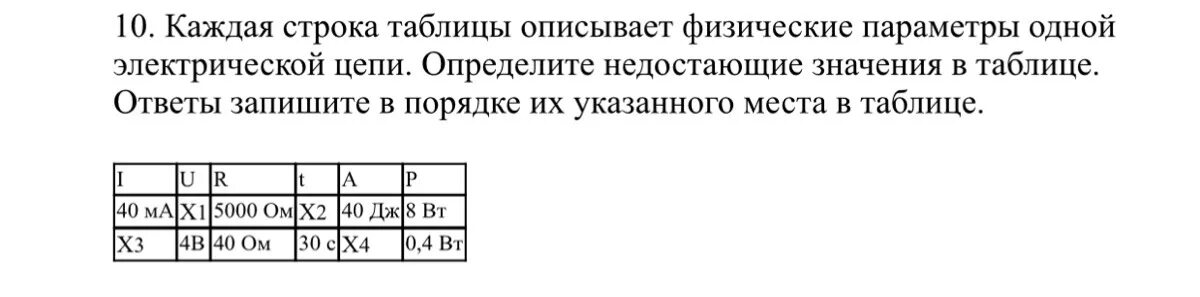 Каждая строка таблицы описывает физические