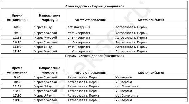 Расписание автобусов на лысьва завтра