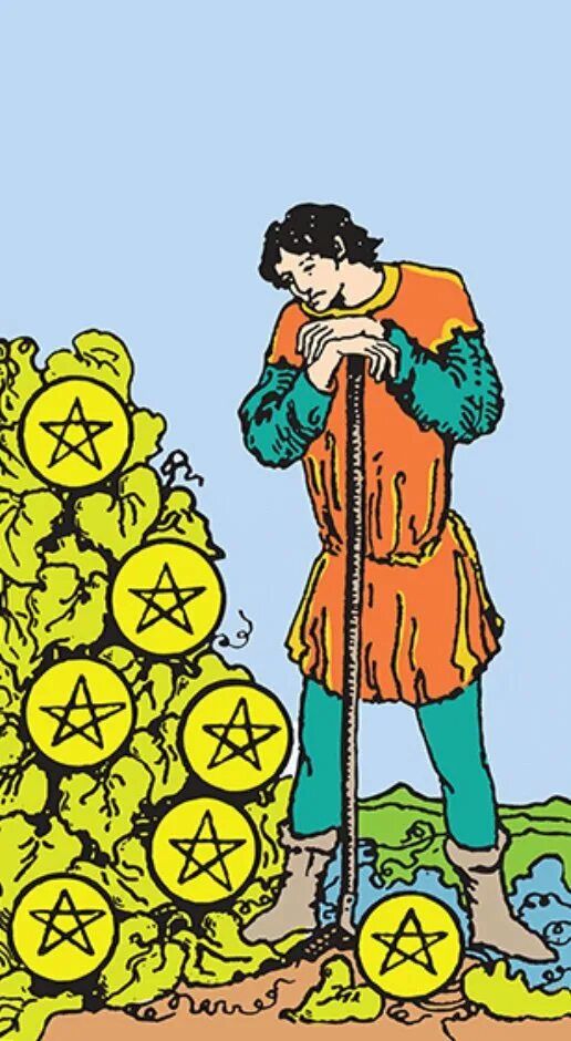 Пентакли прямое значение. 7 пентаклей совет. Семерка пентаклей таро уэйта. 7 пентаклей таро. Пентакли прямое значение.