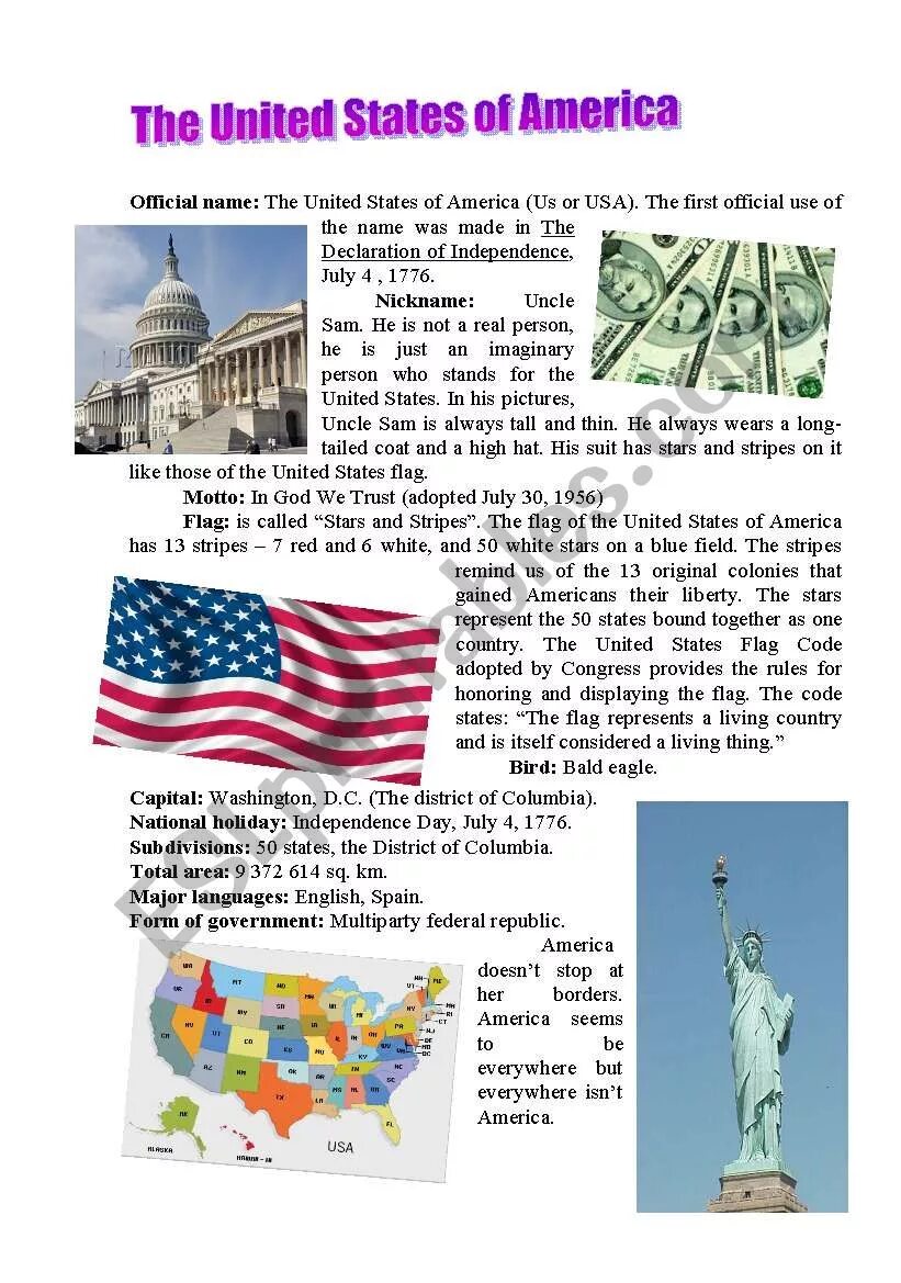 США Worksheets. Американские задания. Топик interesting facts the USA. The United States of America текст.