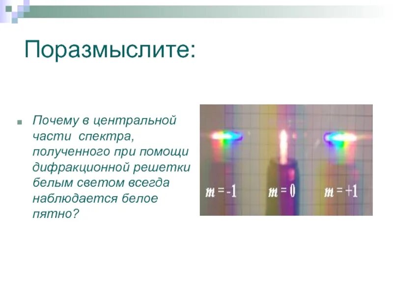 Дифракционный спектр белого света. Спектр дифракционной решетки. Дифракционная картина при освещении решетки белым светом. Спектры дифракционной решетки.