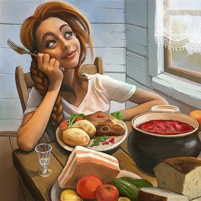 Чтобы еще нам придумать. Кухня иллюстрация. Веселые иллюстрации. Нарисованная девушка с едой. Юмористические иллюстрации.