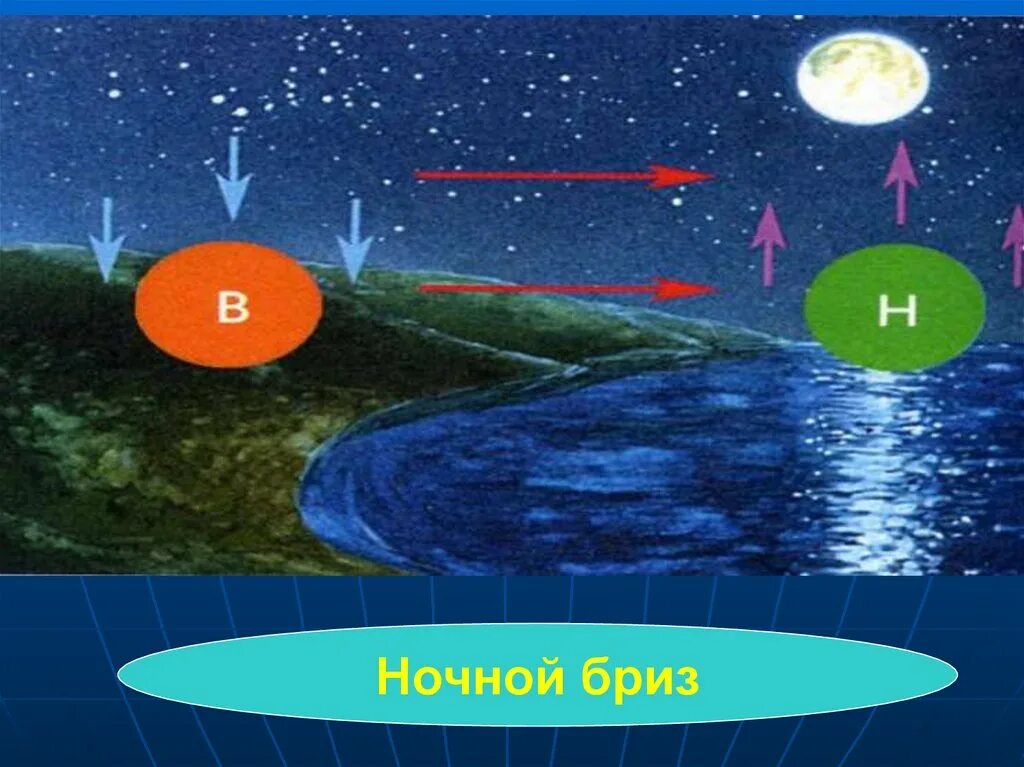 Дневной и ночной Бриз. Схема ночного бриза. Схема образования ночного бриза. Дневной и ночной Бриз география. Дует с суши на океан