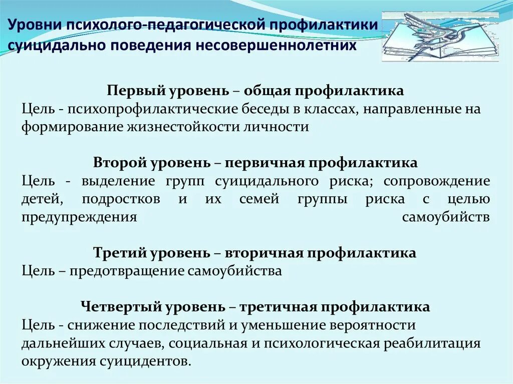 Какая цель профилактических работ. Психолого-педагогическая профилактика это. Уровни профилактики суицидального поведения. Цель профилактики суицидального поведения. Уровни профилактики суицида.