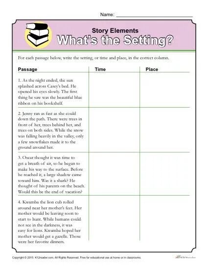 The story is set. Setting of the story. Elementary stories. Narration Worksheets. Setting element.