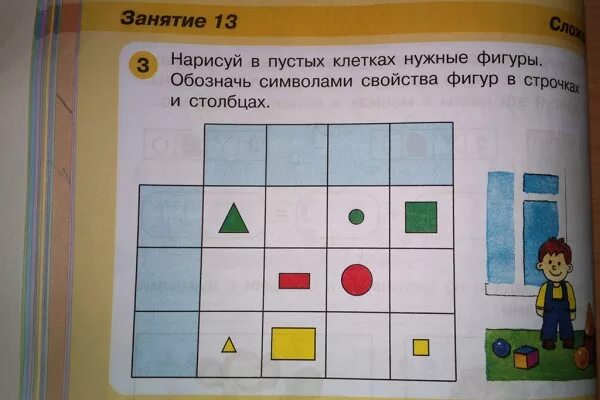 Нарисуй таблицу в тетради. Нарисуй в пустых клетках подходящие фигуры. Нарисуй в пустой клеточке подходящий квадрат. Найди общий признак фигур по строкам и столбцам. Нарисуй в пустые клетки подходящие предметы.
