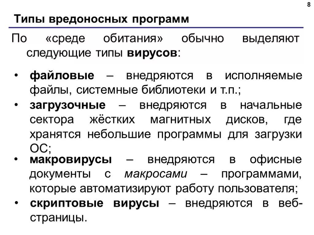 Типы вредоносных программ. Виды вредоносного программного обеспечения. Тип вредоносной программы среда обитания. Типы вредоносного по