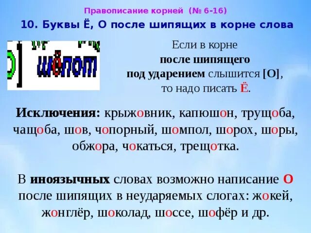 О после шипящих в корне глагола. Буквы о ё после шипящих в корне слова. Буквы ё о после шипящих в корне. Правописание букв о ё после шипящих в корне слова. Слова исключения с буквой ё после шипящих.