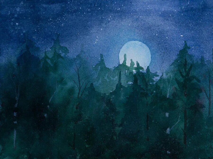 Картина темная луна. Ночной лес акварелью. Ночной лес живопись. Картина ночь в лесу.