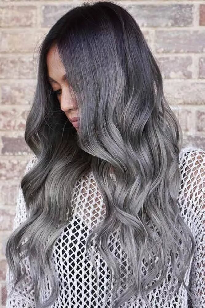 Пепельный миллиривинь. Седой балаяж. Grey Ombre hair. Черно пепельный цвет волос. Черный с оттенком серого