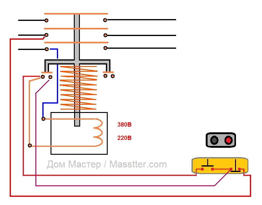 Кнопка пуск контакты. Схема подключения магнитного пускателя КМИ 22510. Подключить магнитный пускатель 220в схема подключения. Контактор КМИ 22510 схема подключения. КМИ-22510 схема подключения.
