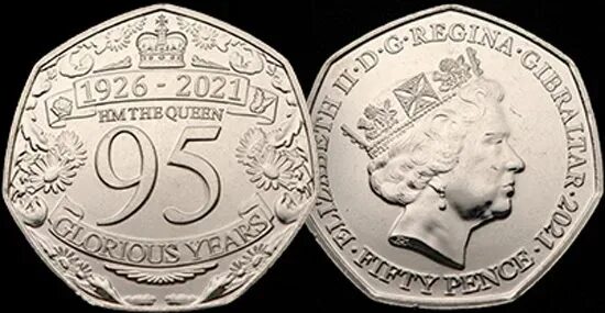 Gibraltar Coin 50 Pence 2005. Gibraltar Coin 50 Pence 2008. Gibraltar Coin 50 Pence 2015. 50 Pence 2021 Gibraltar Queen's 95th Birthday. 2019 год 95 лет