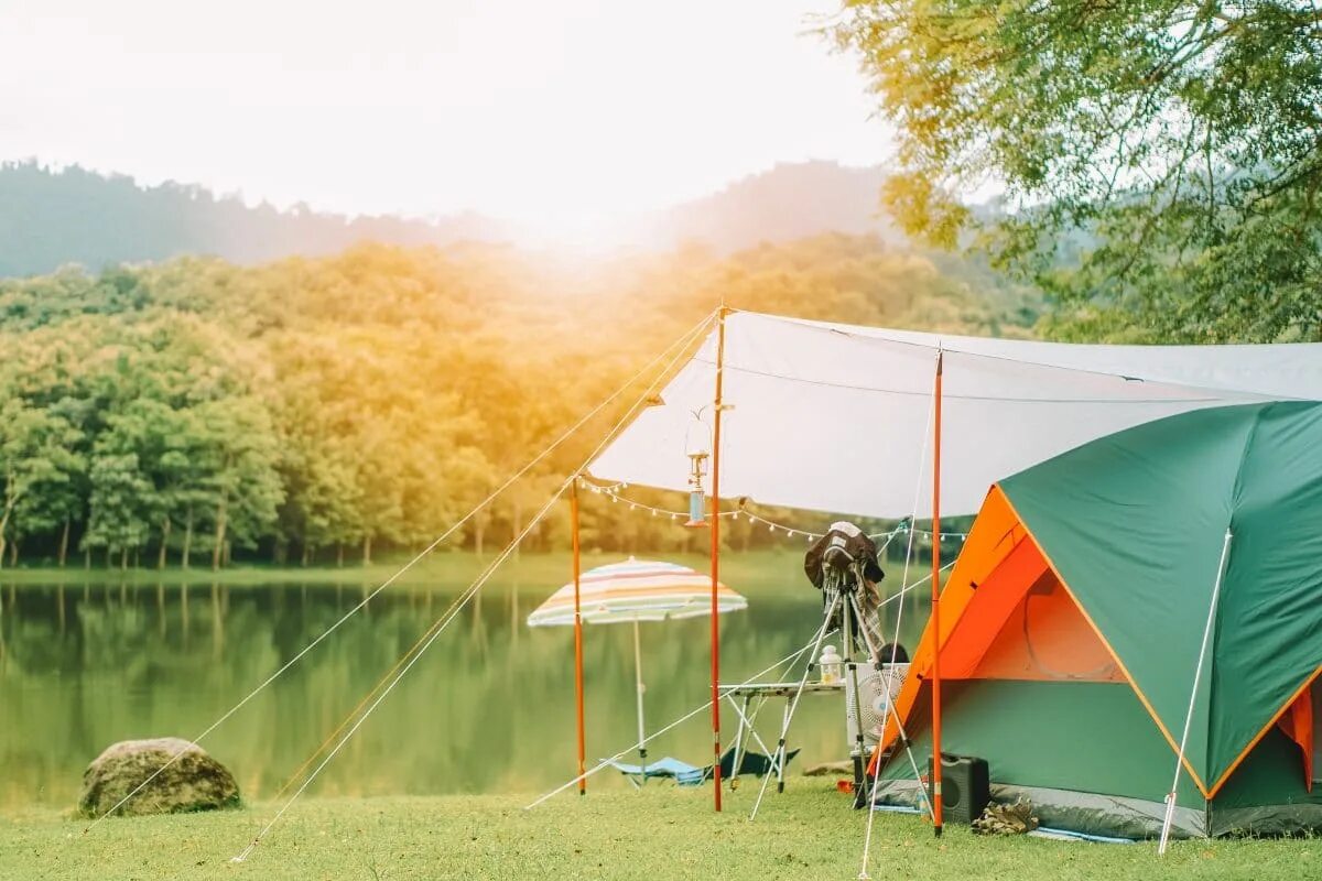 Палатки в тропиках. Палатка на лугу. Палатка в стиле минимализма. Палатка для кемпинга 4-х роки Маунтин.