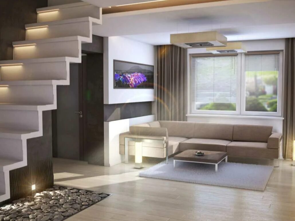 Лестница в интерьере гостиной. Интерьер лестницы в частном доме. Лестница в интерьере. Современная гостиная с лестницей. Гостиные с лестницей.