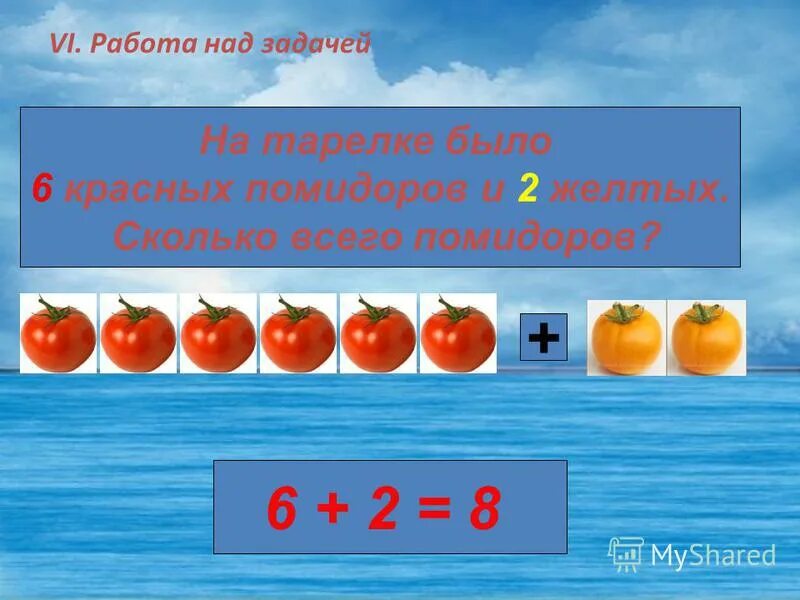 на тарелке было 6 красных помидоров и 2 желтых. 2 килограмма помидор. разложить яблоко на тарелку. на тарелке было 6 красных. сколько помидоров осталось.