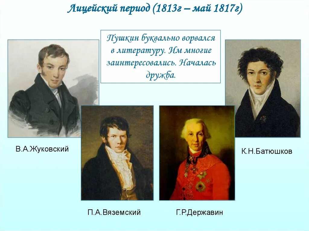 Державин Жуковский Батюшков. Карамзин, Жуковский, Батюшков, Дмитриев. Жуковский Карамзин Батюшков. Пушкин 1817 г. Полное название пушкина