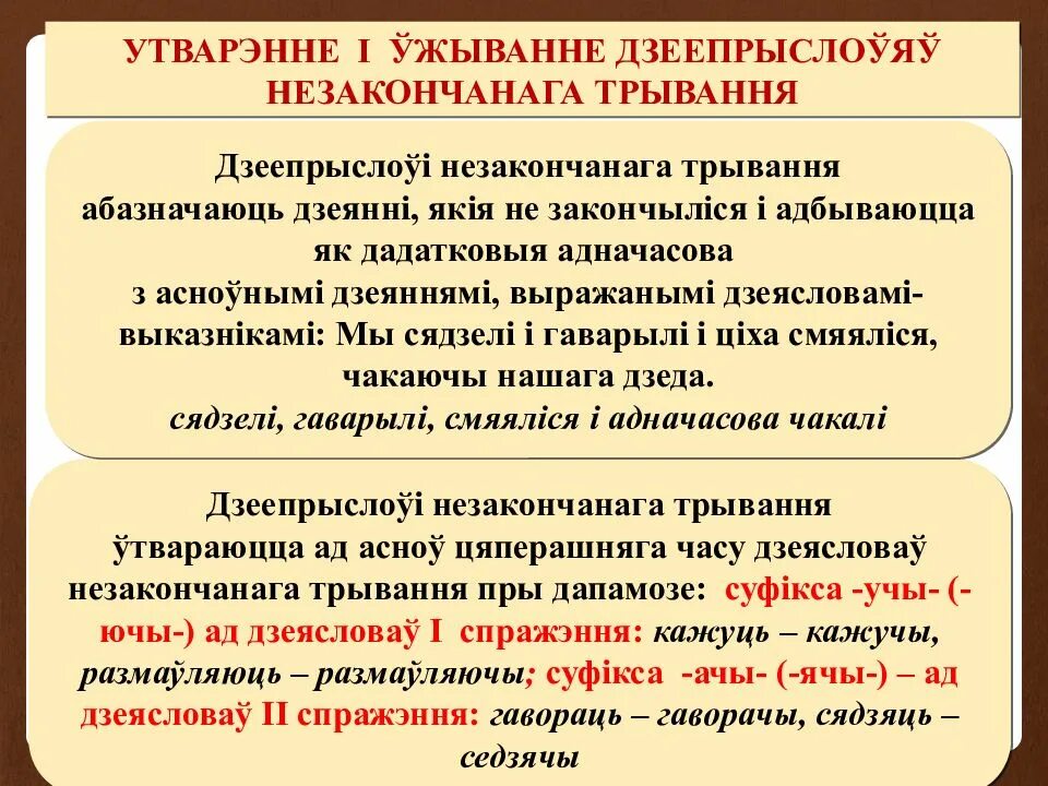 Праз злучок. Дзеепрыслоўе. Дзеепрыслоўе утварыць. Незакончанага трывання. Трыванне дзеепрыметнікаў.