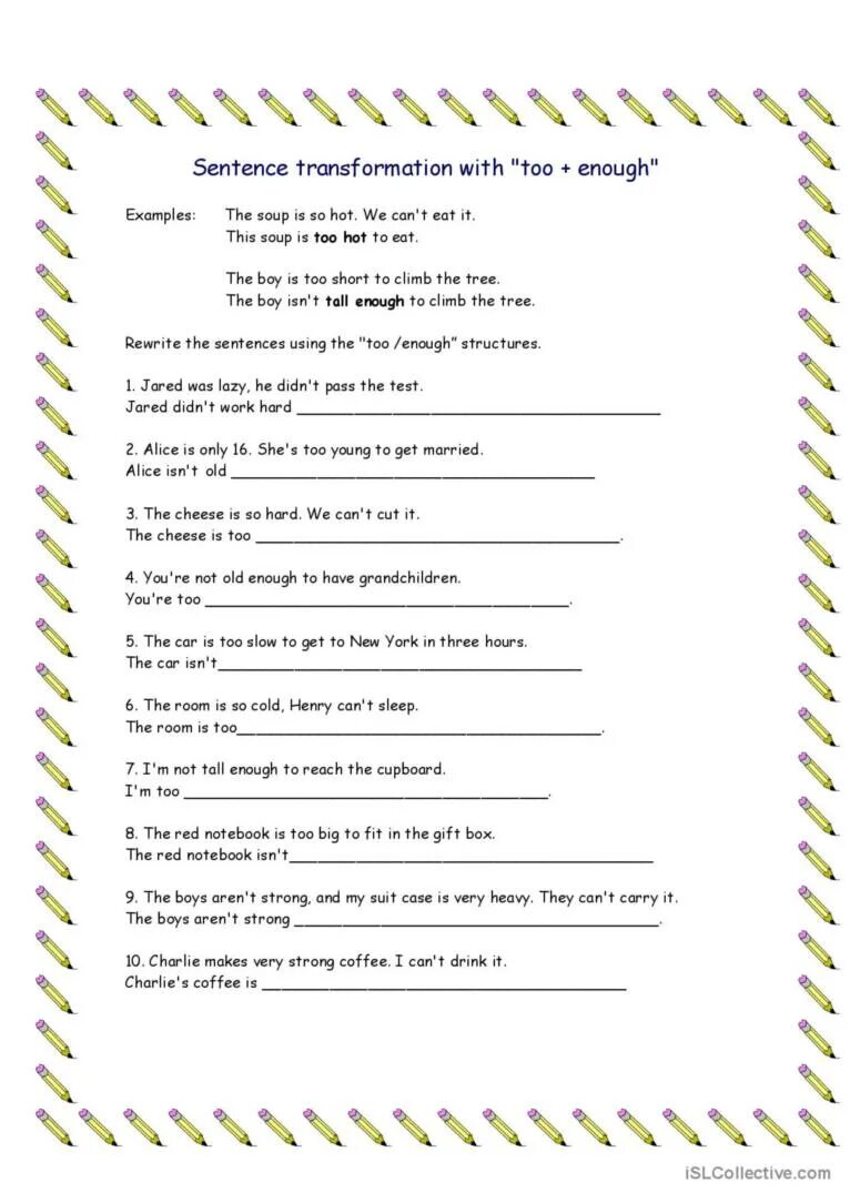 Rephrase the sentences. Too enough упражнения. Too enough задания. Sentence Transformation exercises. Too enough Worksheets.