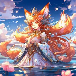 The nine-tailed fox anime princess is standing on the water, with many flow...