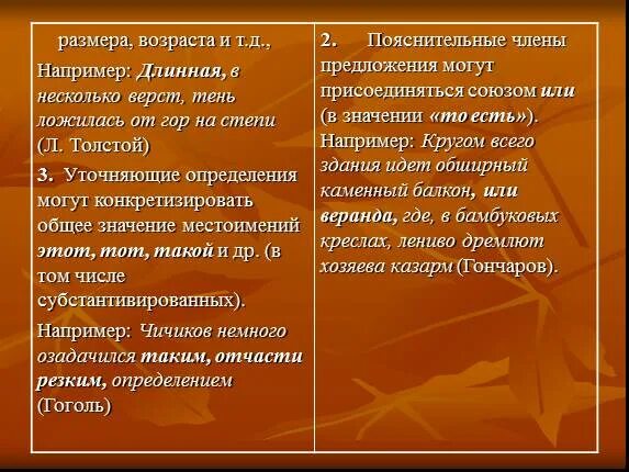 5 уточняющих предложений. Обособление уточняющих членов предложения. длинная в несколько вёрст тень ложилась от гор на степи.