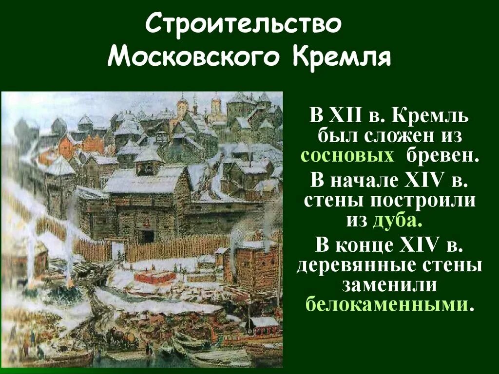 В каком году началось строительство кремля. Строительство Московского Кремля. Первый деревянный Кремль. Первые каменные стены Кремля. Деревянные стены Московского Кремля.