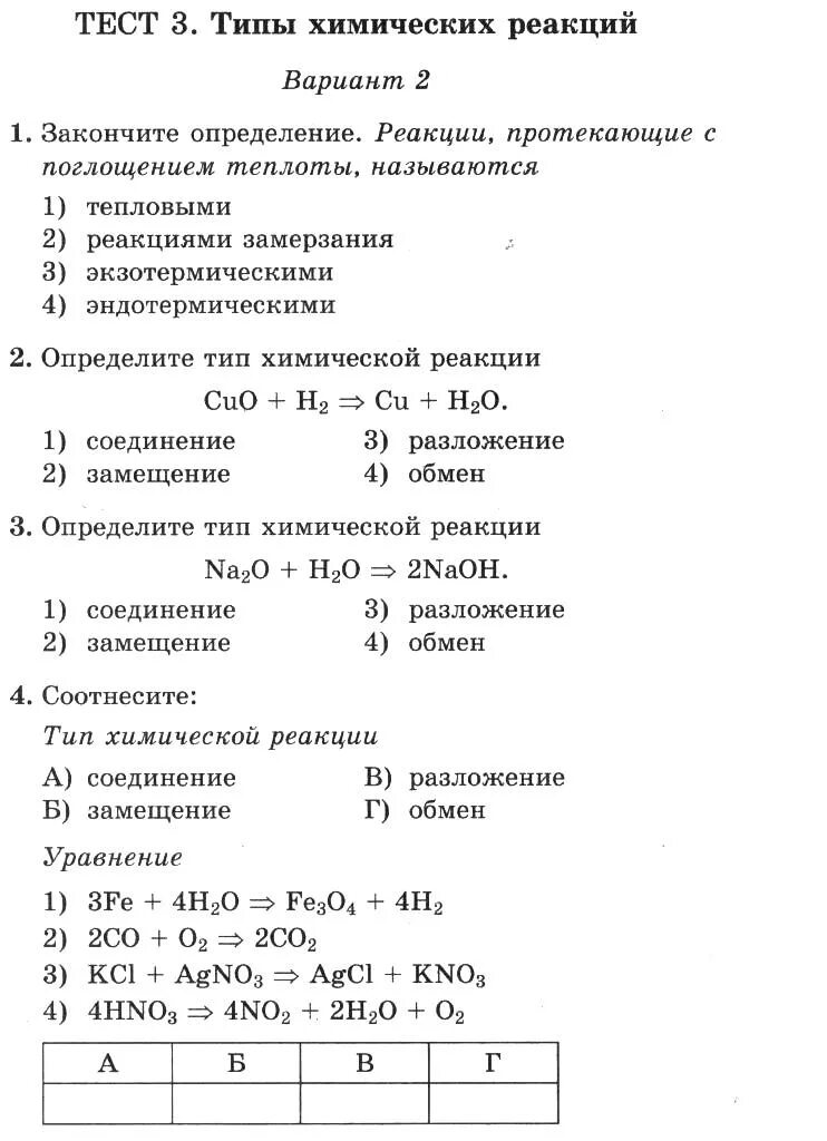 Типы химических реакций контрольная работа 8 класс