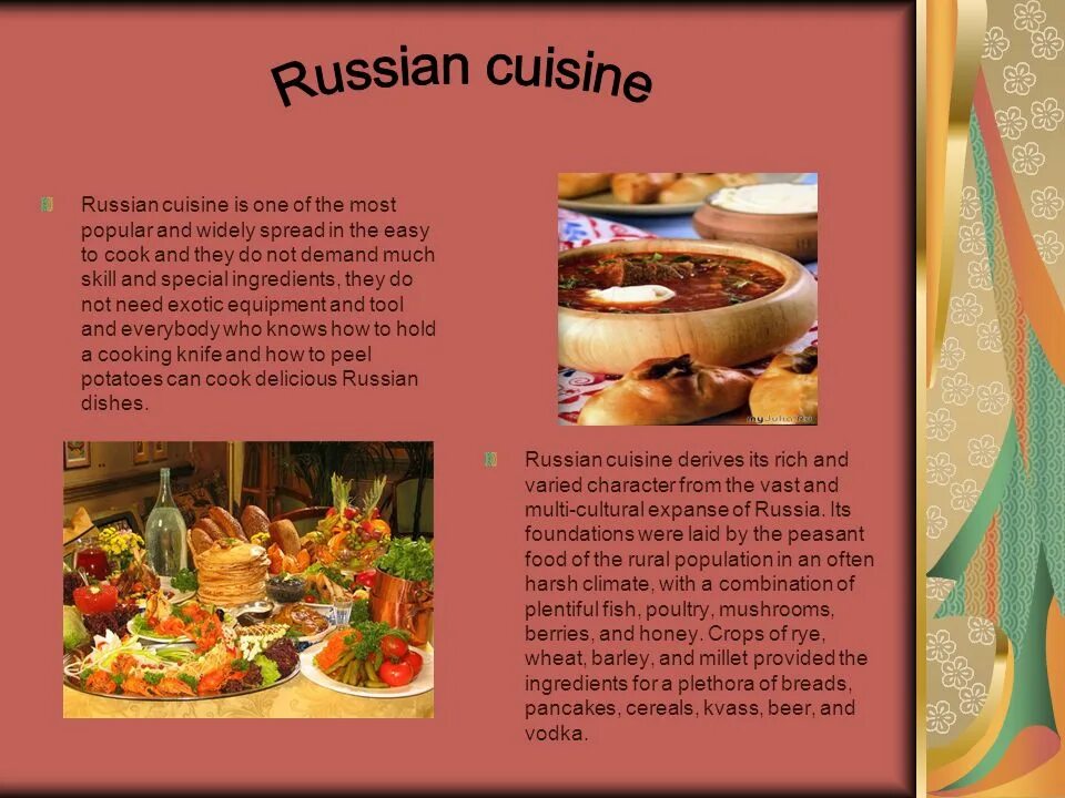 Традиционные русские блюда на анг. Русские блюда на английском языке. Russian Cuisine презентация. Русские традиционные блюда на английском языке