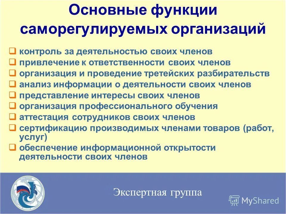 Функции саморегулируемых организаций. Саморегулируемая организация. Экспертная группа функции. Контроль за деятельностью саморегулируемых организаций.