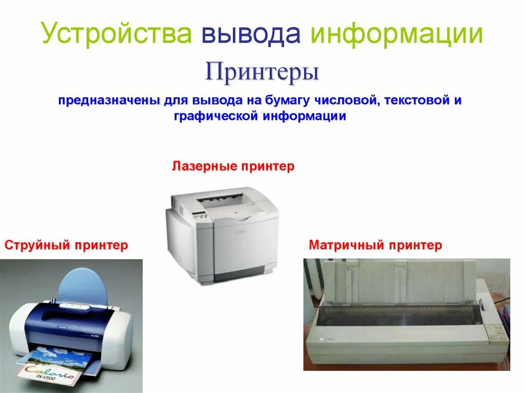 Струйный принтер презентация. Устройства вывода информации принтер. Принтеры предназначены для вывода на бумагу. Матричный струйный и лазерный принтер. Матричный лазерный принтер.