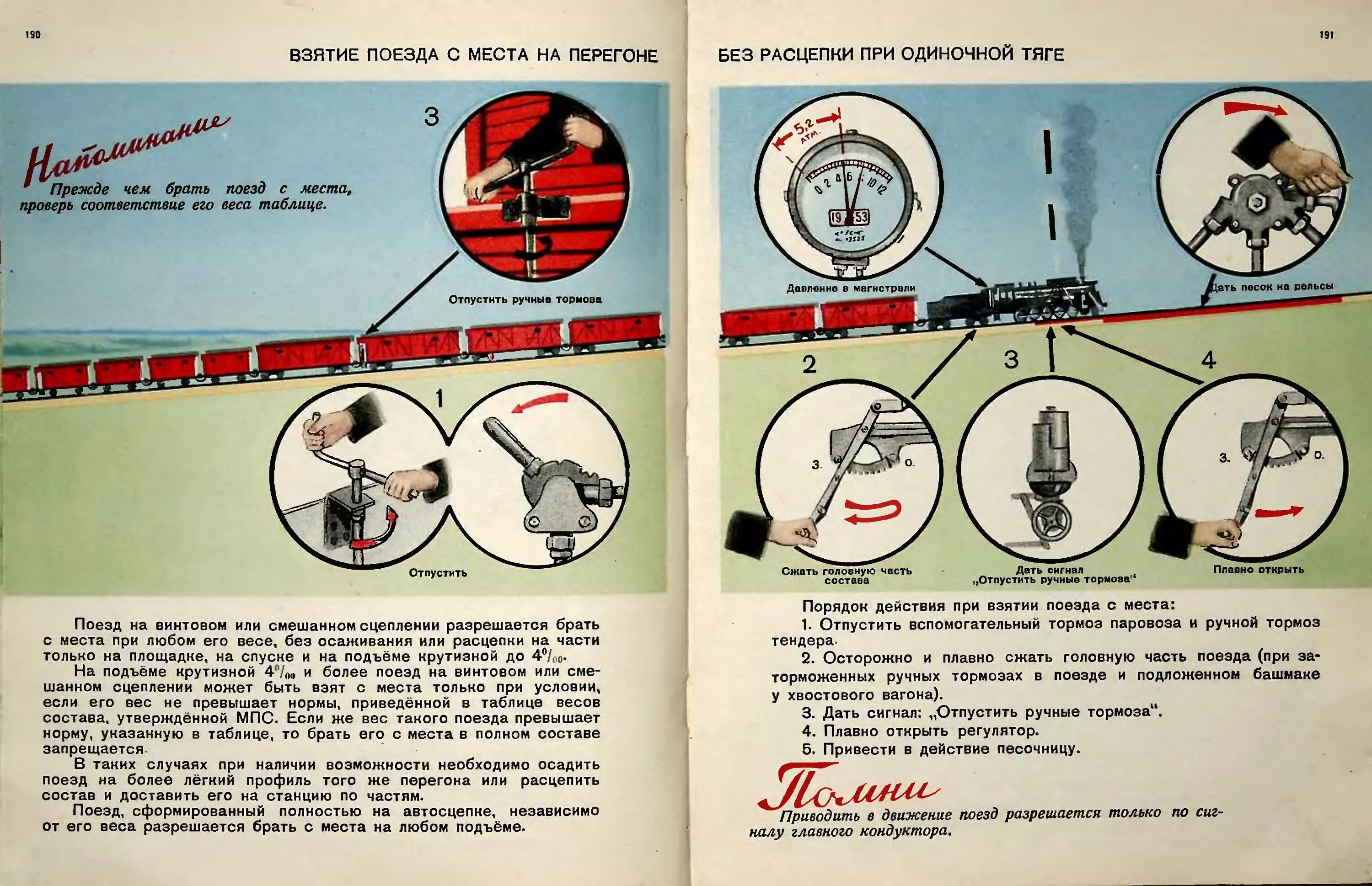 Действие тормоза. Взятие поезда с места. Порядок размещения и включения тормозов. Ручной сигнал отпустить тормоза. Порядок действия при взятии поезда с места.