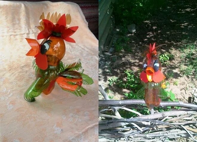 Как сделать курицу из бутылок. Животные из бутылок пластиковых для сада. петух из бутылок. звери из пластмассовых бутылок. лиса из бутылок.