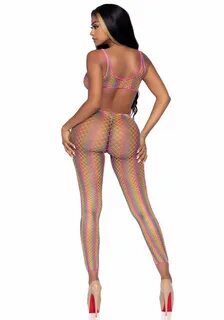 Leg Avenue Lingerie: sexy bodystocking aperta in rete arcobaleno.