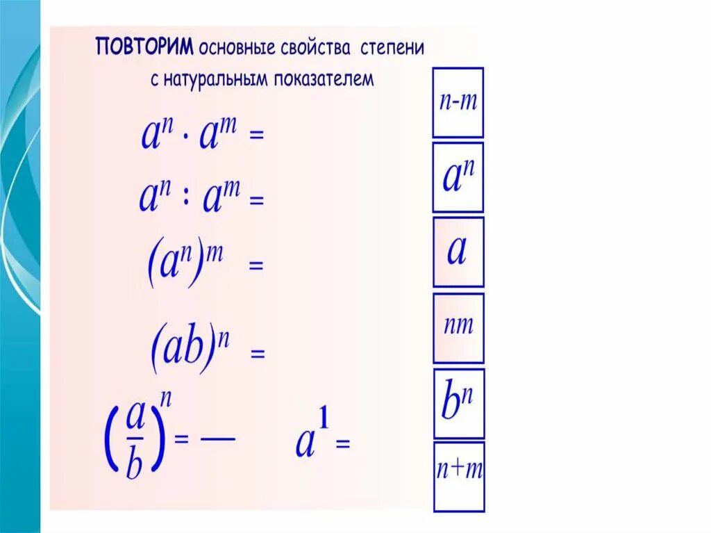 Свойства степени с натуральным показателем 7. Степень с натуральным и целым показателем 7 класс. Свойства степени с натуральным показателем 7 класс. Степень с натуральным и целым показателем и её свойства.